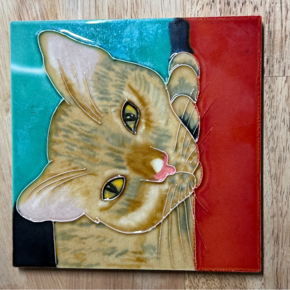 Hand-Painted Ceramic Cat Decorative Tile Wall Art Trivet Square Teal Red - Picture 2 of 3